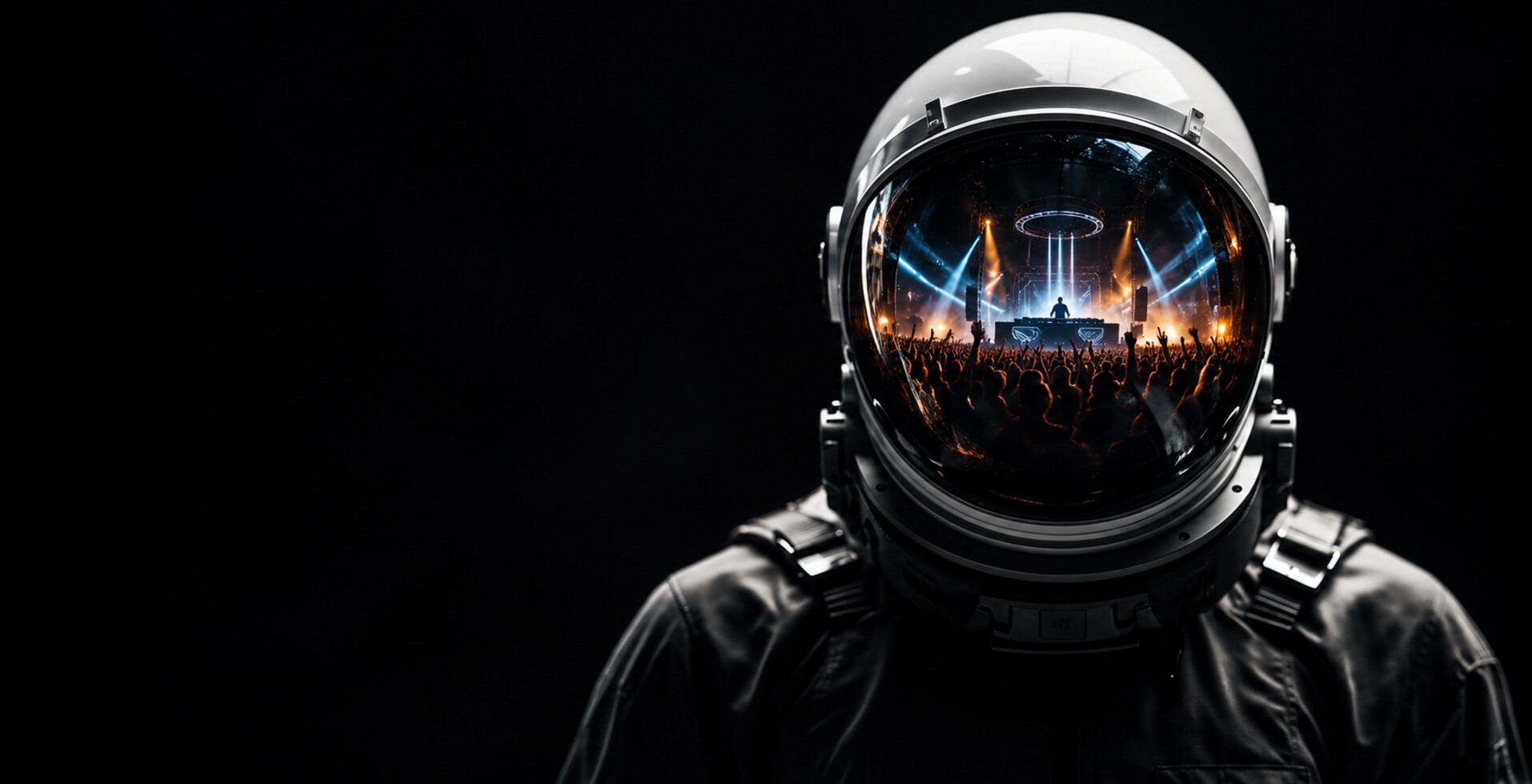 Astronaut helmet reflecting a DJ booth and festival crowd